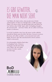 "Es gibt Gewitter, die man nicht sieht" steht groß. Eine berührende Buchbeschreibung über eine starke Mutter. Darunter ein Foto einer Frau.