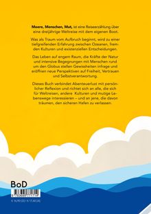 "Meere, Menschen, Mut" ist eine mittig gelbe Fläche mit weißen Wolken und blauen Wellen. Darunter ein Barcode und "BoD".