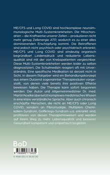 Text: Beschreibung komplexer Erkrankungen ME/CFS und Long COVID, Therapieansätze und Autor Dr. med. Martin Noelk. Unten ein Barcode mit Buchpreis. Hintergrund: Farbverlauf in Dunkelblau zu Hellgrün.