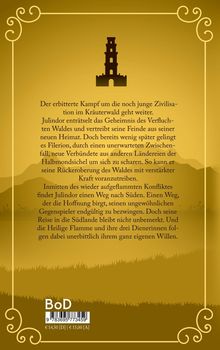 Text über einen Kampf im Kräuterwald, Julindors Entdeckung und Verbündete. Schwarz-weißer Turm auf gelbem Hintergrund.