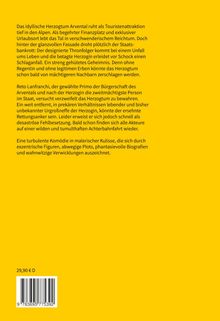 Text beschreibt ein spannendes Drama im Herzogtum Arvental mit Komik und Intrigen. Gelber Hintergrund, Preis 29,90 €.