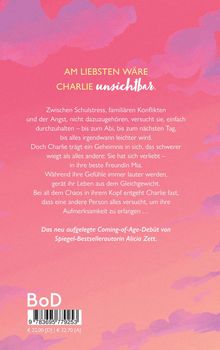 Auf rosafarbenem Hintergrund steht Text über Charlies Schulstress und Geheimnis. Mention: Alicia Zett und BoD.