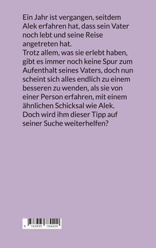 Text beschreibt Aleks Suche nach seinem Vater und eine mögliche neue Spur. Lila Hintergrund mit schwarzem Text.