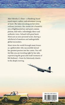 Text über Monika E. Khan als Reisefachfrau und Abenteurerin. Im Hintergrund Meer und Himmel. Gelber Jeep und Flugzeug.