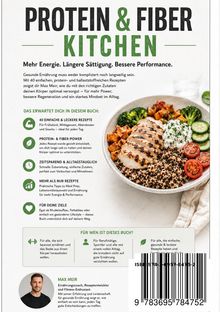 "Protein & Fiber Kitchen. Mehr Energie. Längere Sättigung. Bessere Performance." Textblock, Liste von besonderen Features, Foto einer bunten Essensschüssel.