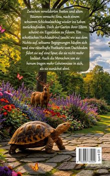 Text beschreibt Sinas Erlebnisse in einem geheimnisvollen Garten. Vordergrund: Schildkröte, Schmetterling; Hintergrund: Hirsch.