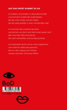 Roter Hintergrund, Text "Auf das Wort kommt es an", darüber Gedicht. Unten ein Barcode und die Symbole Auge und Mund.