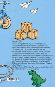 Text beschreibt humorvolle Familiengeschichten eines Vaters. Illustration zeigt ein Dreirad, Papierflieger und Dino.