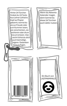 Zwei längliche Textbereiche enthalten poetische Beschreibungen. Unten rechts ist ein Kreis mit lachendem Gesicht und "Ein Buch von LAZYMAMMALS".