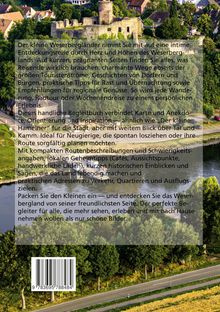 Beschreibung eines Reiseführers über das Weserbergland mit Tipps und Geschichten, Hintergrund zeigt eine Burgruine.