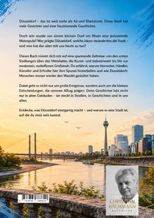 Texte: Entdecke, was Düsseldorf einzigartig macht, Buchautor Christian Bachmann.  
Beschreibung: Skyline bei Sonnenuntergang mit Turm und Brücke.