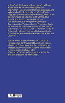 Blauer Hintergrund, Text über Ewald Rumphs Buch "Religion und Bewusstsein" und seine Karriere. Unten ein Barcode.