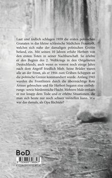 Text beschreibt die Schrecken des Zweiten Weltkriegs aus Sicht eines Jungen, der fliehen muss. Unten kleines Logo.