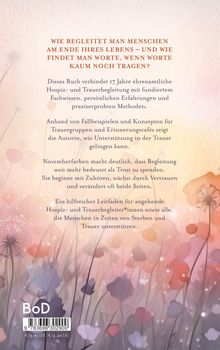 Der Text beschreibt ein Buch über Hospiz- und Trauerbegleitung mit Erfahrungsberichten und Methoden auf einem blumigen Hintergrund.