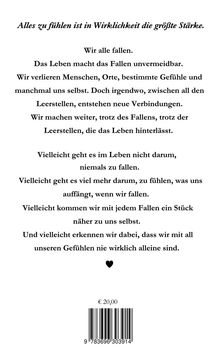 "Alles zu fühlen ist in Wirklichkeit die größte Stärke." Ein Text reflektiert über Fallen und Stärke, darunter Herzsymbol. Preis: €20,00.