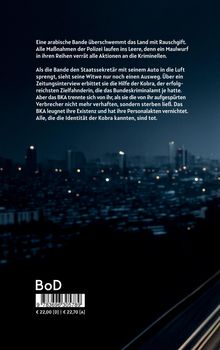 Text beschreibt eine kriminelle Bande und eine verschwundene Ziel fahnderin. Verschwommene Stadtansicht bei Nacht darunter.
