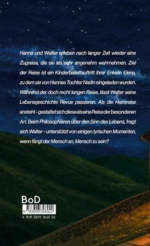 **Rückseite eines Buches:** Text über eine Zugreise von Hanna und Walter zu einem Kindertanzauftritt, philosophische Gedanken.