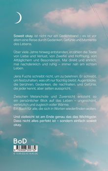 Text: "Soweit okay." beschreibt eine Reise durch Gedanken, Gefühle, Momente. Hintergrund: Himmel mit Wolken und Mond.