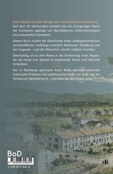 Titel über die industrielle Bedeutung des Elsass. Text beschreibt wirtschaftlichen Aufstieg und kulturelle Prägung. Zeichnung von Gebäuden in Landschaft.