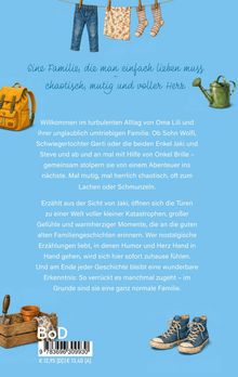 Beschreibungen von familiärem Chaos und Herzlichkeit, mit Illustrationen von Kleidung, Rucksack, Gießkanne und Schuhen.