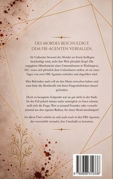 Texte: "DES MORDES BESCHULDIGT, DEM FBI-AGENTEN VERFALLEN." Gestaltung mit roten Spritzern und goldenen Linien auf beigem Hintergrund.