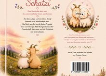 Titel: "Schatzli". Text beschreibt eine herzerwärmende Geschichte über Freundschaft. Gemälde: Ziege und Schaf zusammen.