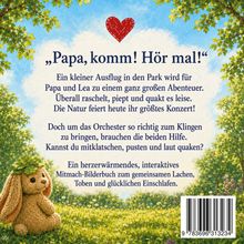 "Papa, komm! Hör mal!" Ein Ausflug in den Park wird zum Abenteuer. Illustration von Bäumen, Himmel und einem Hasen.