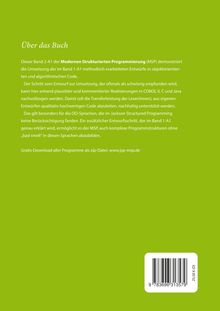 "Über das Buch" beschreibt Programmiermethoden, Fokus auf OO-Sprachen. Gratis-Download-Link: www.jsp-msp.de. Grüne Fläche, Barcode unten.