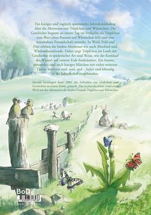Text über die Abenteuer von Tröpfchen und Würmchen. Illustration: Zwei Küken auf einem Zaun, Schmetterlinge, Schafe.