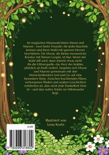 Ein Text beschreibt Abenteuer von Moosi und Maroni im Mooswald. Illustration mit Bäumen, Blättern, Blumen und Glühwürmchen.