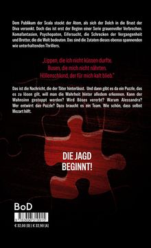 Texte: "Die Jagd beginnt!", "Dem Publikum der Scala stockt der Atem...", auf rotem Puzzle-Hintergrund.