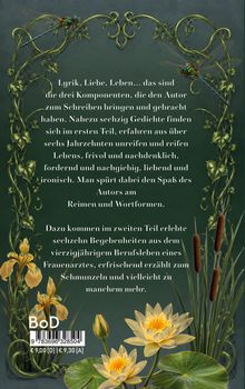 Ein verschnörkelter Rahmen mit einer Libelle, Lilien und Schilfrohren umgibt poetischen Text über Lyrik und Erlebnisse.