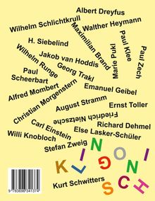 Namen wie Albert Dreyfus und Else Lasker-Schüler sind kreisförmig angeordnet. Darunter „Klingonisch“ in bunten Buchstaben.