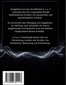 Text: Modell verbindet mathematische Struktur mit sprachlicher und psychologischer Analyse basierend auf x = y + 1. Darunter sind weiße, wellenartige Linien auf schwarzem Hintergrund. Unten ist ein Barcode.