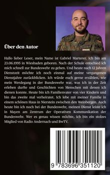 Über den Autor: Gabriel Marterer erzählt von seinem Werdegang bei der Bundeswehr. Foto von ihm in Uniform rechts. Barcode.