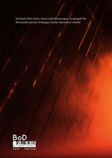 Ein Buch über Liebe, Natur und Trennungen. Roter, verschwommener Hintergrund mit diagonalen Lichtstreifen.