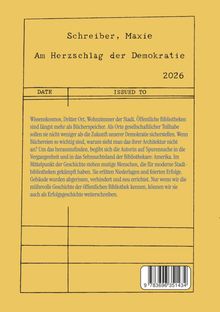 Ein gelbes Buchcover mit dem Titel: "Schreiber, Maxie: Am Herzschlag der Demokratie, 2026". Text über Bibliotheken.