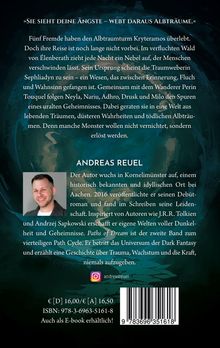 „SIE SIEHT DEINE ÄNGSTE – WEBT DARAUS ALBTRÄUME.“ Fünf Fremde überleben Kryteramos. Text beschreibt eine mystische Reise. Unten ein Porträtfoto.