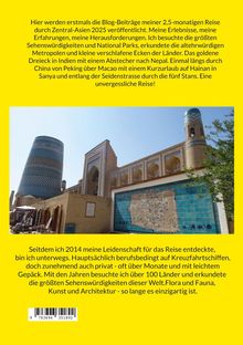 Texten zuoberst: Erste Veröffentlichung der Blog-Beiträge einer 2,5-monatigen Reise durch Zentral-Asien 2025. Unten: Leidenschaft fürs Reisen seit 2014. In der Mitte: Foto von historischen Gebäuden mit blauer Kachelkunst.