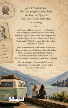 Zwei Freundinnen, ein Campingbus, Italienreise auf Goethes Spuren. Frauen sitzen am See, Berge im Hintergrund, Bus mit Gepäck.