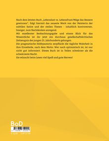 Text auf gelbem Hintergrund: Beschreibung eines neuen Buches als gesellschaftskritisches Zeitzeugnis mit satirischem Inhalt.