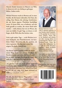 Rückseite eines Buches mit einer Beschreibung der Kindheit und Karriere von Michael Nierentz, sowie eine Illustration.