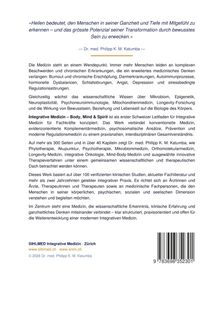 «Heilen bedeutet, den Menschen in seiner Ganzheit zu... Seelen zu erwecken.» — Dr. med. Philipp K. M. Katumba

Text beschreibt integrative Medizin und Vorstellung eines Leitfadens von Dr. Katumba. Links unten: "SIHLMED Integrative Medizin - Zürich".