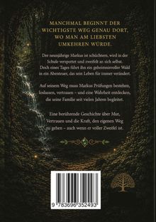 Text beschreibt Markus' Abenteuer in einem mystischen Wald. Logo: Baum. Hintergrund: dunkler Wald mit Wasserfallszene.