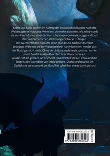 Zwei Silhouetten, vermutlich ein Drache und ein Wolf, vor einem blauen, mystischen Hintergrund mit Text über eine Suche.