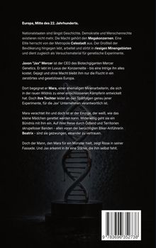 Text über die Zukunft Europas im 22. Jahrhundert, unter Megakonzernen und genetischen Experimenten. Eine DNA-Helix im Hintergrund.