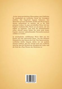 Text über weiblichen geistigen Strom zur Göttlichkeit und eine Reise von Iris Paxino. Beigefarbener Hintergrund, Barcode unten.