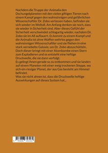 Eine spannende Geschichte um Animalia, Dr. Zobo, Explosionen und eine Flucht durch eine Galaxie. Orangefarbener Hintergrund.