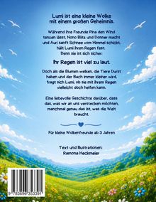 Buchrückseite mit blauem Himmel, Wolken, fliegenden Möwen, grüner Landschaft mit Blumen. Enthält Text über "Lumi", eine Wolke.
