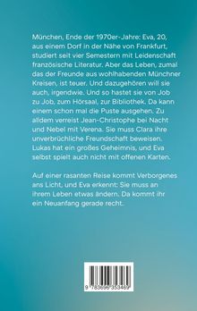 Ein Text beschreibt Evas Leben in München in den 1970ern. Sie studiert, arbeitet viel und erkennt, dass sie Veränderungen braucht. Unten ist ein Barcode. Der Hintergrund ist blau.